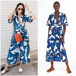 Farm Rio Blue Palm Tailored Wide Leg Linen Jumpsuit